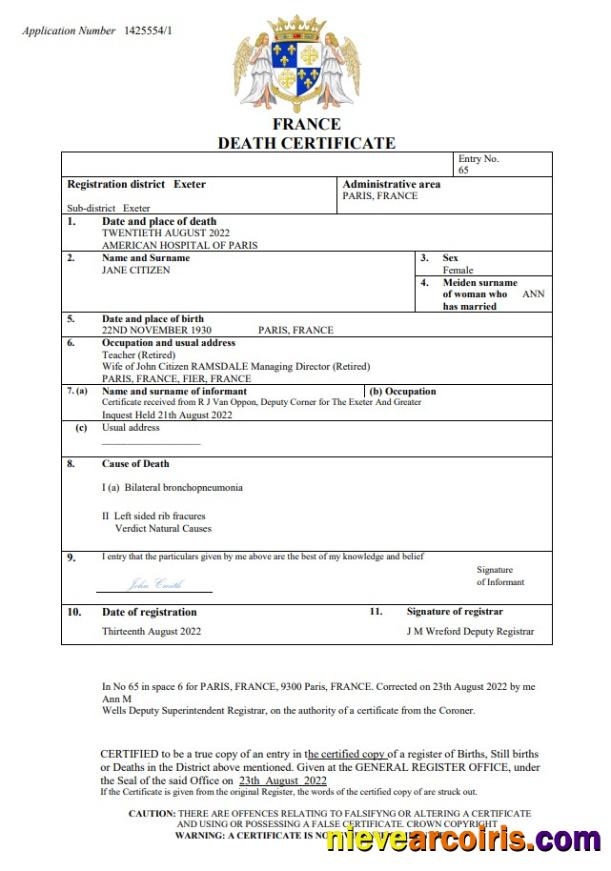 France vital record death certificate